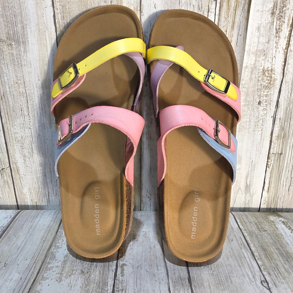 Madden Girl Bryceee Pastel Multi Colorblock Slide Sandals Size 4 Buckle Straps